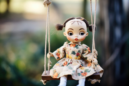 doll with tattered dress sitting alone on swingの素材
