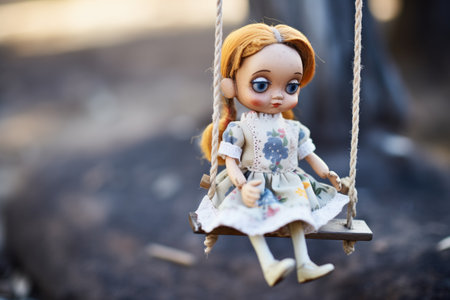 doll with tattered dress sitting alone on swingの素材