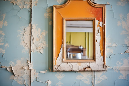 an old mirror hanging askew on a peeling wallpaper wallの素材