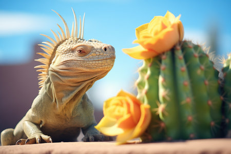 iguana by a cactus on sunny dayの素材