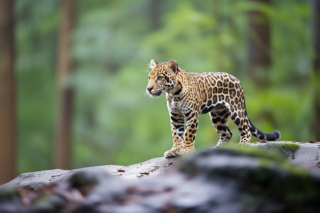 a jaguar perched on a rocky outcrop overlooking the forestの素材