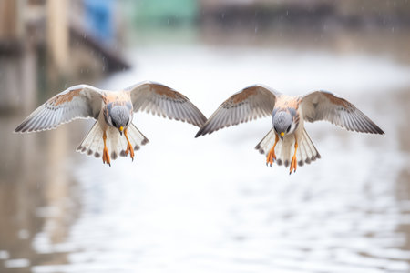 close-up on kestrels talons during hover over a riverの素材