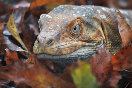 komodo camouflaged in foliage with prey in graspの素材