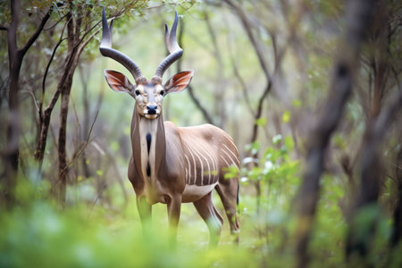 kudu bull standing alert in dense bushの素材