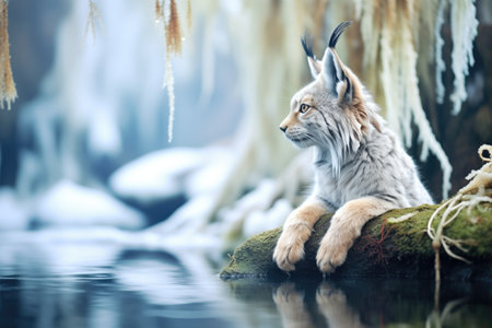 pensive lynx sitting by icy forest streamの素材