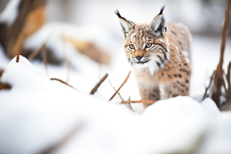 high angle of lynx in snowy labyrinthの素材