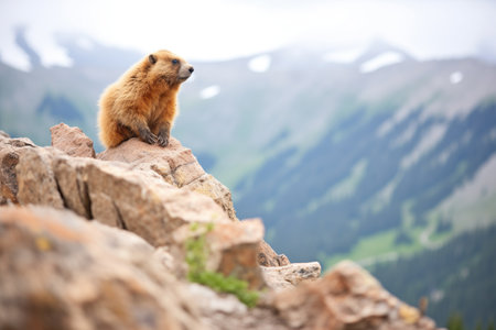 marmot surveying terrain from high rock perchの素材