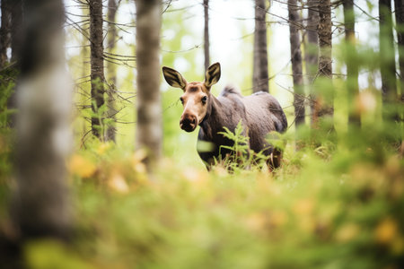 moose grazing in dense pine woodlandの素材