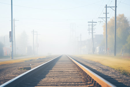 railway tracks leading into foggy distanceの素材
