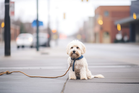 dog sitting by an empty leash on a street cornerの素材