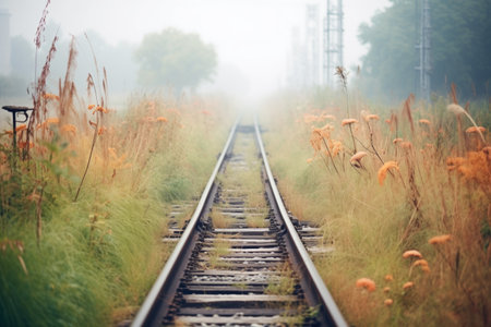 overgrown railway tracks heading into fogの素材