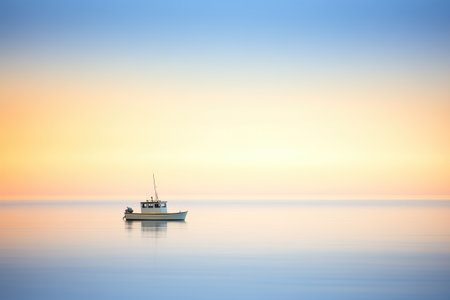 single boat silhouette on calm water at dawnの素材