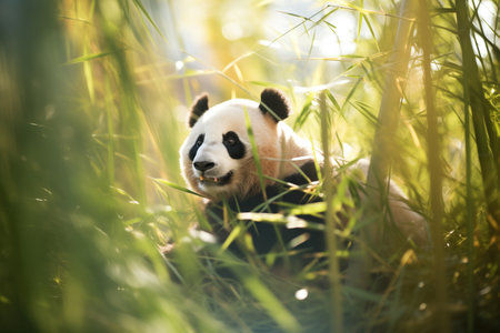 sunlit panda amidst bamboo thicketの素材
