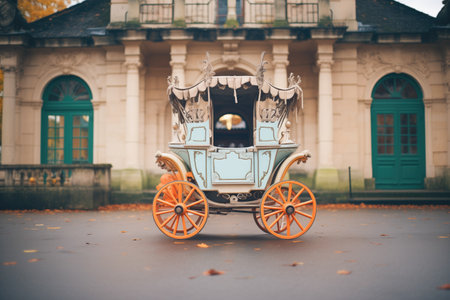 empty carriage parked outside an old manorの素材