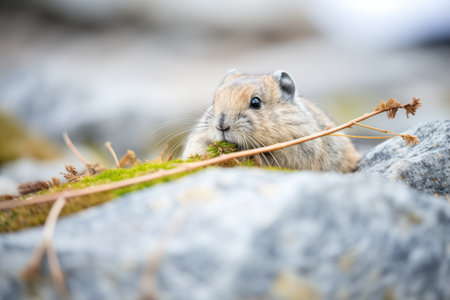 action shot of pika darting among rocks with hayの素材