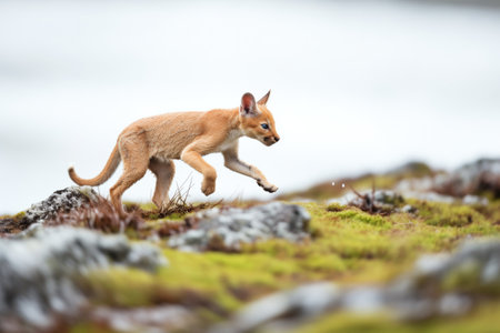 puma stalking prey on rocky slopeの素材