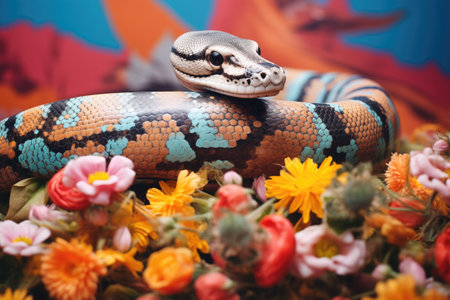 python next to colorful wildflowersの素材