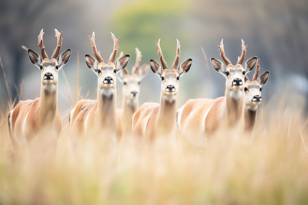 group of roan antelopes alerted by a noiseの素材