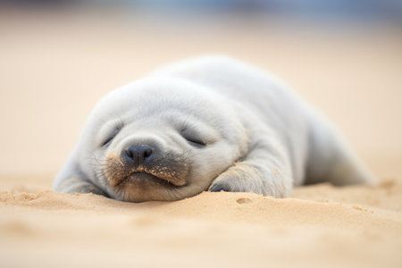 seal pup resting on sandy beachの素材
