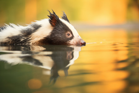 skunk reflected in pond water during eveningの素材
