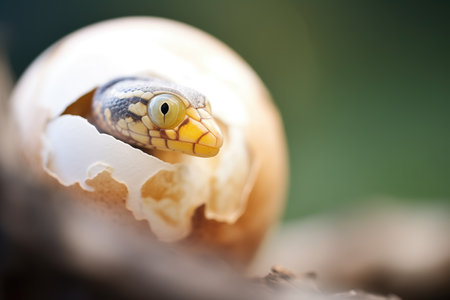close focus on eye of snake peeking from its eggの素材