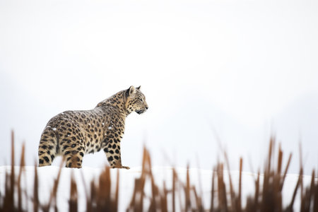 snow leopard silhouette against a snowy peakの素材