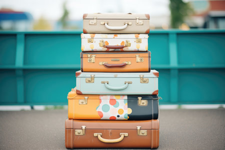 vintage suitcases piled up, one slightly openの素材