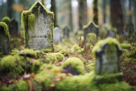 moss-covered tombstones in a forested cemeteryの素材