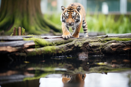 underbelly view of a tiger walking on a logの素材