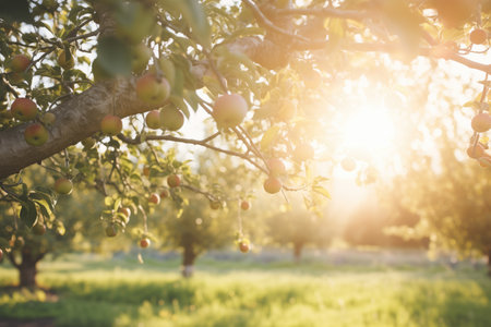 morning sun peeking through apple orchardの素材