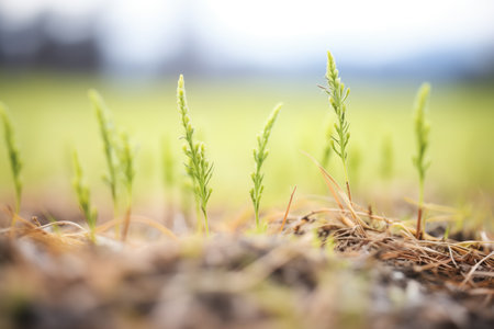 fresh spring shoots emerging from grassland soilの素材