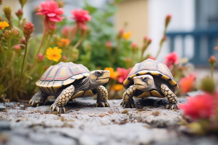 pair of tortoises by a blooming flower bedの素材