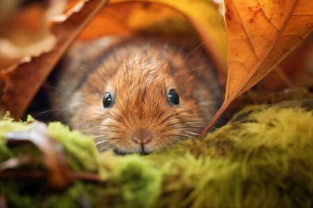 vole climbing over a fallen leaf in grassの素材