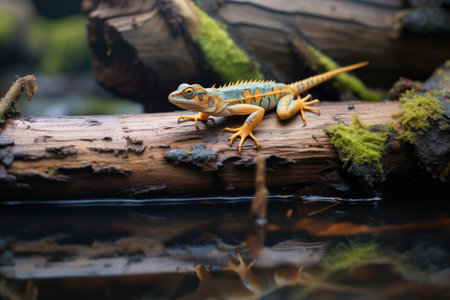 water dragon crawling over fallen logsの素材