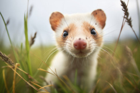 close-up of weasel face in grasslandの素材