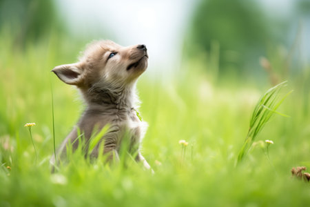 young wolf pup learning to howl on a grassy knollの素材