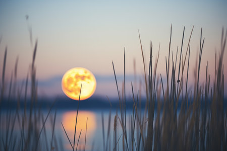 dark silhouettes of lake reeds against a luminous moonの素材