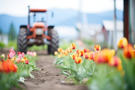 rows of tulips with a tractor in the backgroundの素材