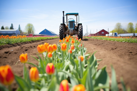 rows of tulips with a tractor in the backgroundの素材