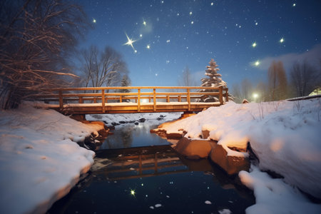 snowy footbridge with stars reflecting in the streamの素材