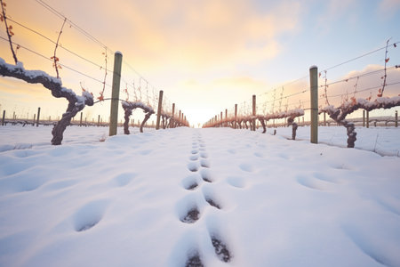 footprints weaving through a fresh snowy vineyardの素材