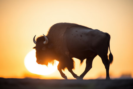 lone buffalo silhouette against a setting sunの素材