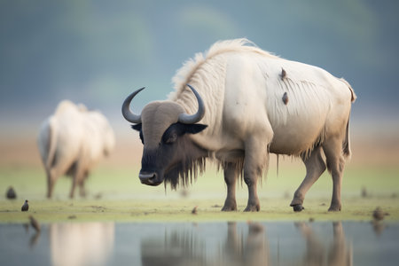 buffaloes and egrets symbiosis in the plainsの素材