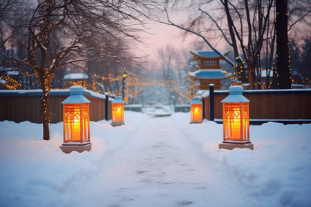 two lit lanterns illuminating a snowy path at duskの素材