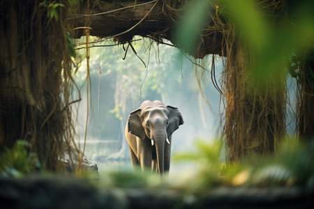 lone elephant beneath a canopy of jungle vinesの素材