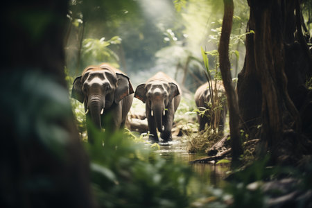 elephants walking through thick jungle foliageの素材