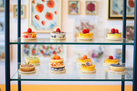 display of fruit tarts in a glass caseの素材