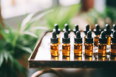 top view of cbd oil vials neatly aligned on a metal rackの素材