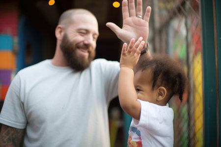 child giving father a high fiveの素材