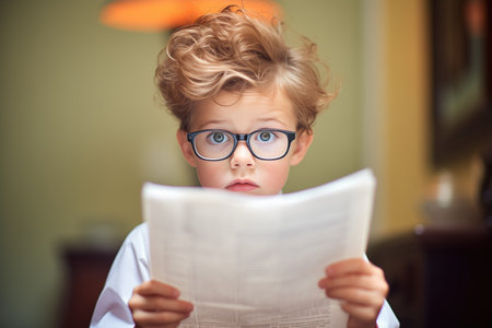 kid with spectacles scrutinizing mock legal documentsの素材
